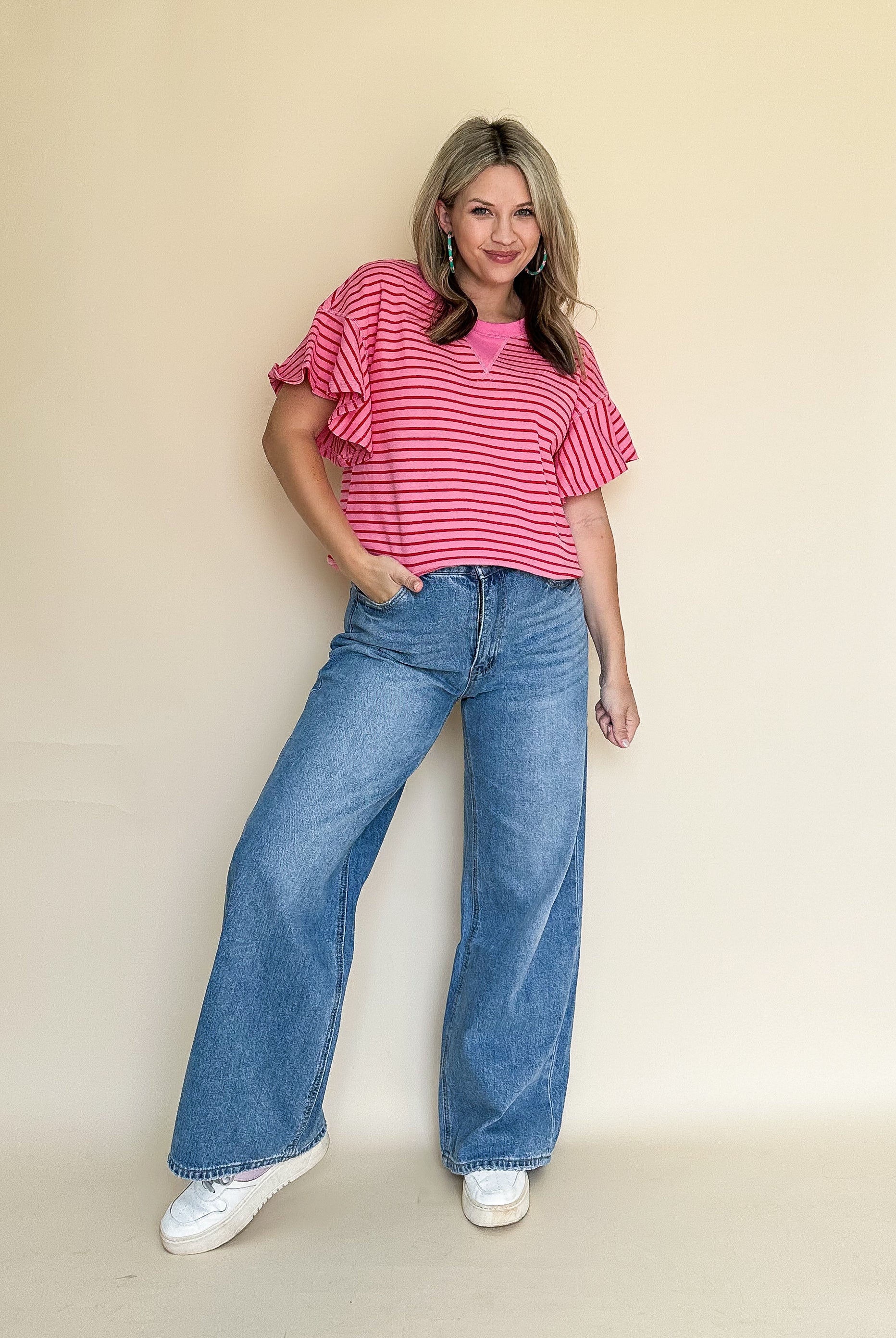 entro red & pink stripe ruffle top