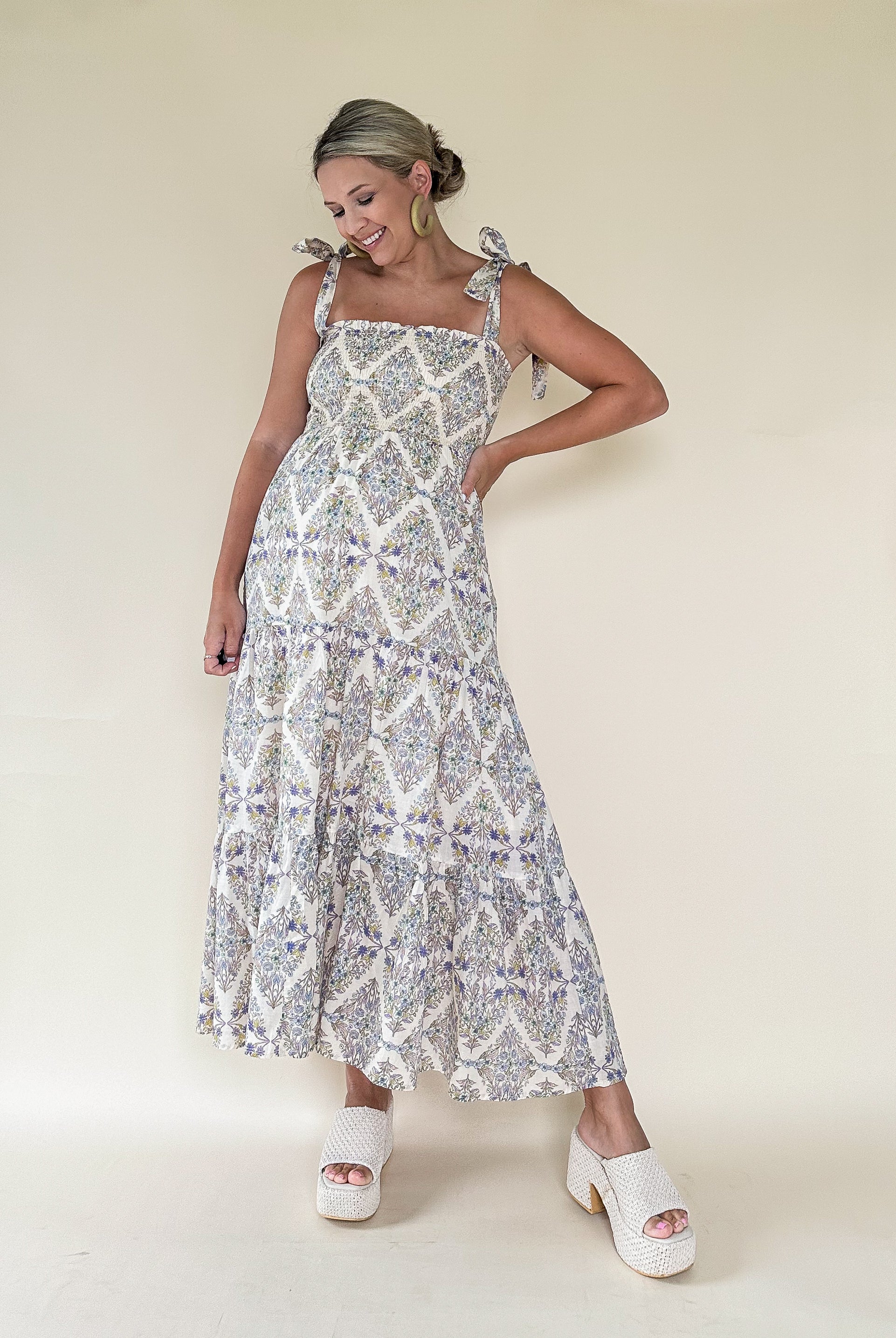 olivaceous printed tie strap maxi