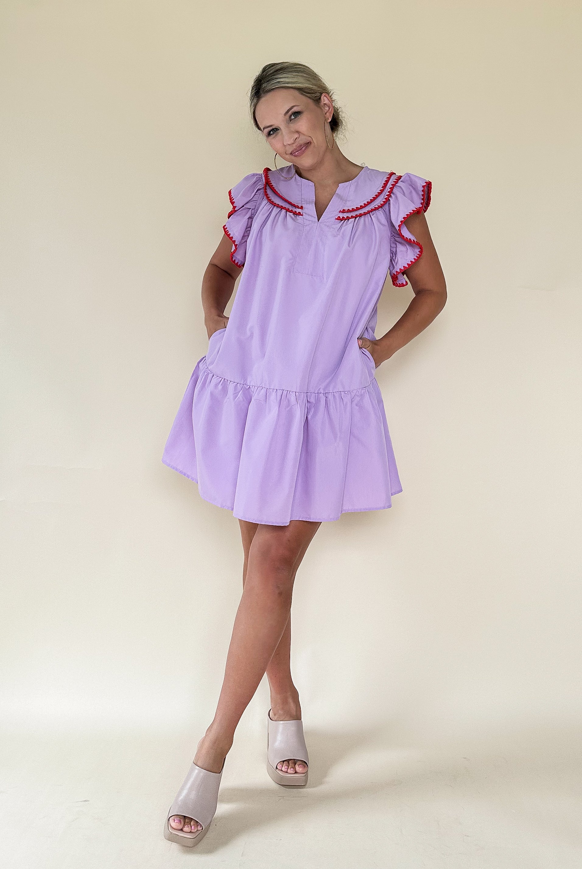 entro lilac mini dress with red detail